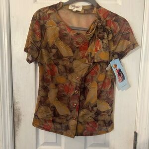 Tatyana Autumn Leaf Print Blouse - Red and Brown